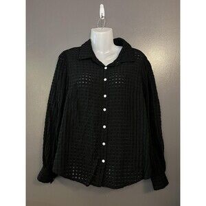 Effordram Shirt Womens Large Black Sheer Check Button Front Long Sleeve Blouse